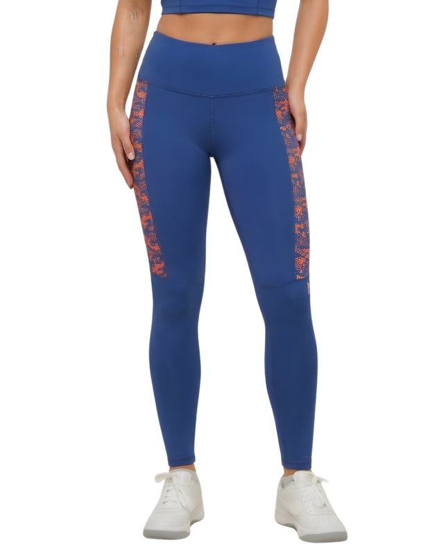 Blue leggings with orange patterns on a white background