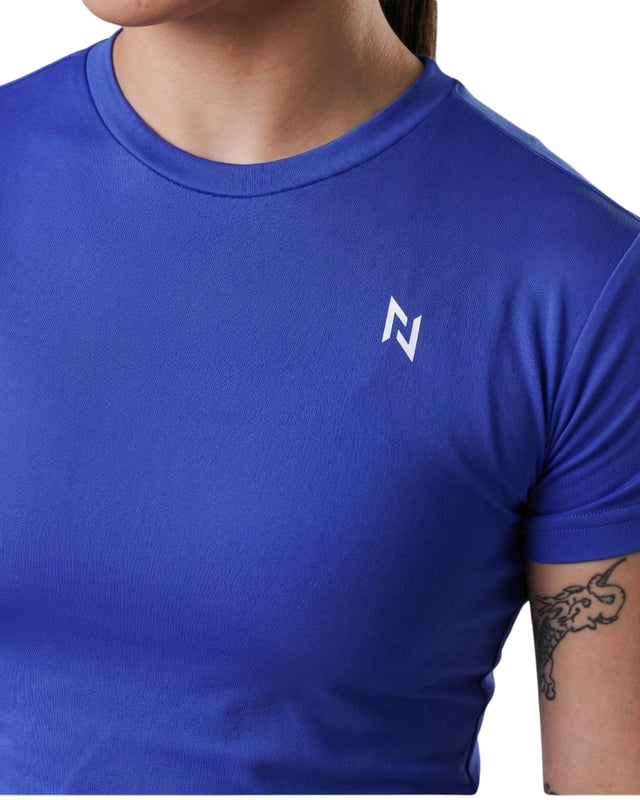 Blue t-shirt with a logo on a white background