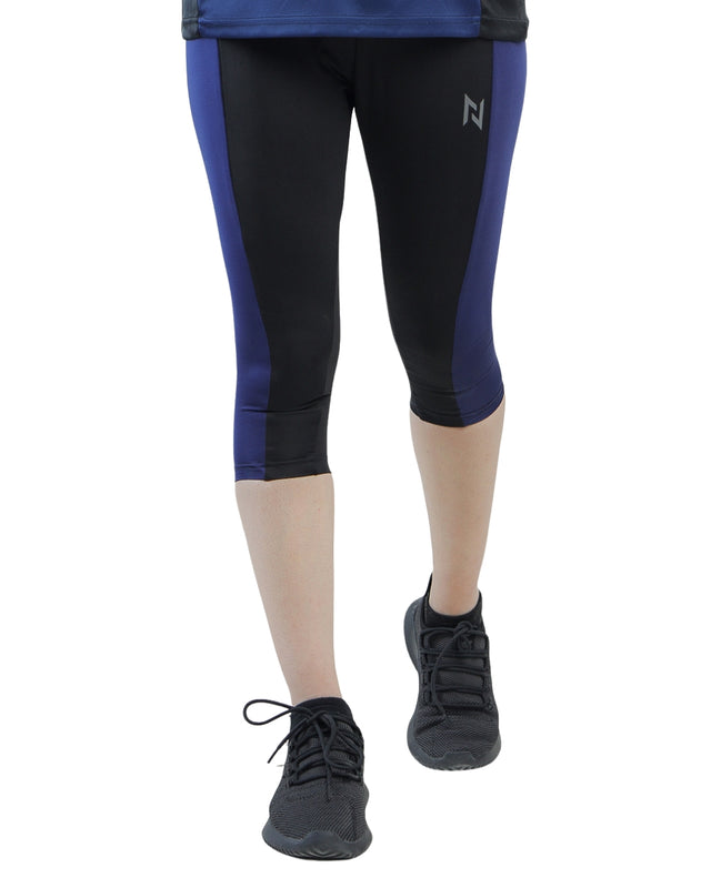 Black and blue athletic leggings with a logo on a white background