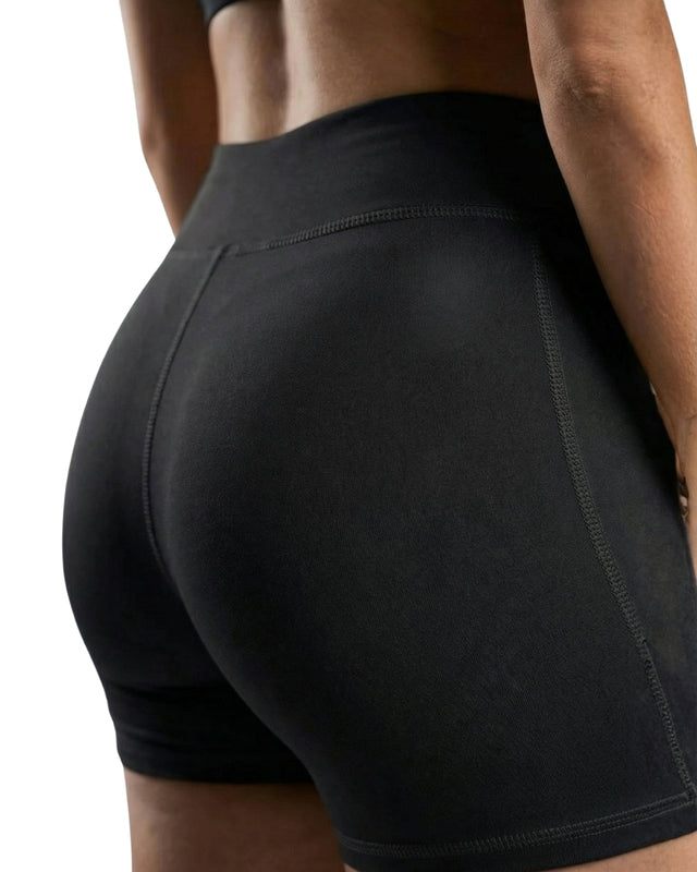 Black athletic shorts worn by a person on a white background