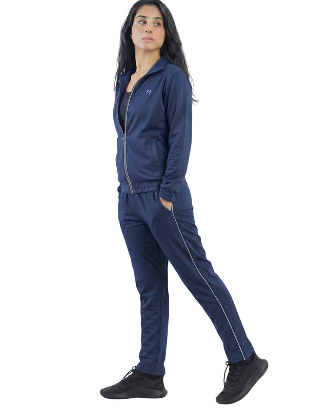 WOMEN PIPING RELAXED MICRO STRETCH TROUSERS NAVY
