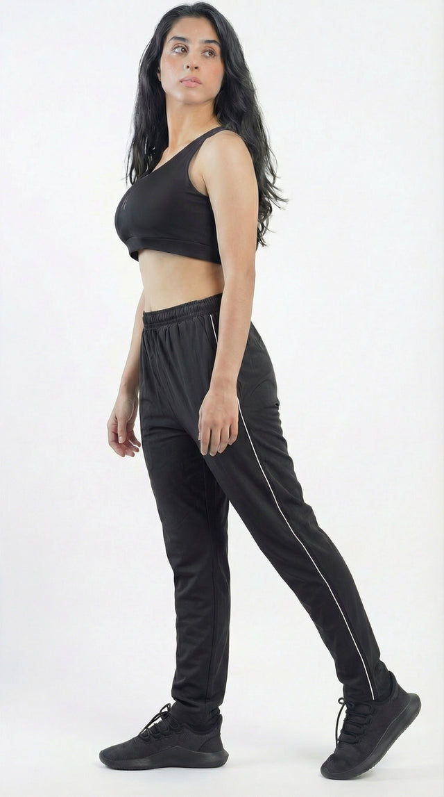 WOMEN PIPING RELAXED MICRO STRETCH TROUSERS BLACK