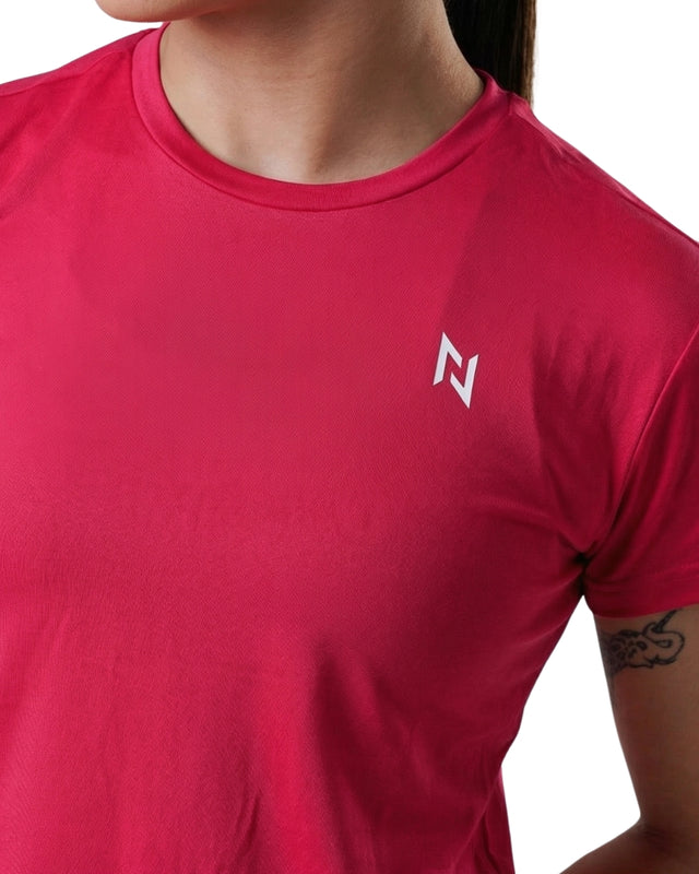 Red t-shirt with a logo on the chest against a neutral background