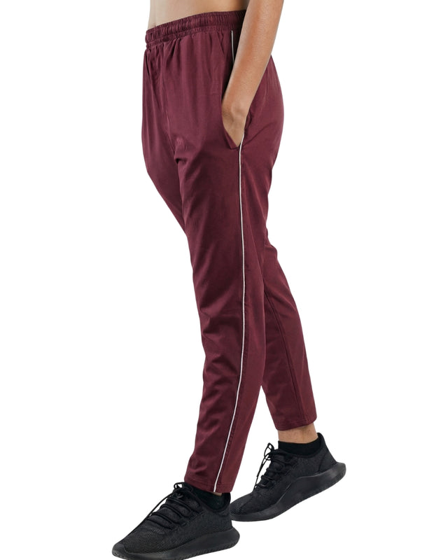 WOMEN PIPING RELAXED MICRO STRETCH TROUSERS MAROON