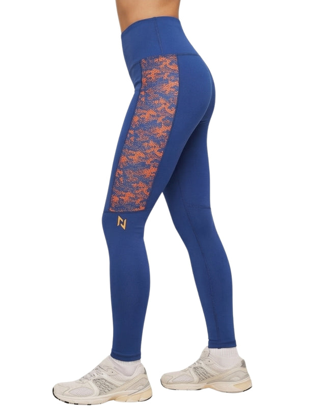 Blue leggings with orange pattern on a white background