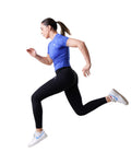 Woman running in athletic wear on a white background