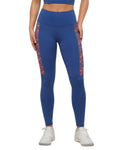 Blue leggings with orange patterns on a white background