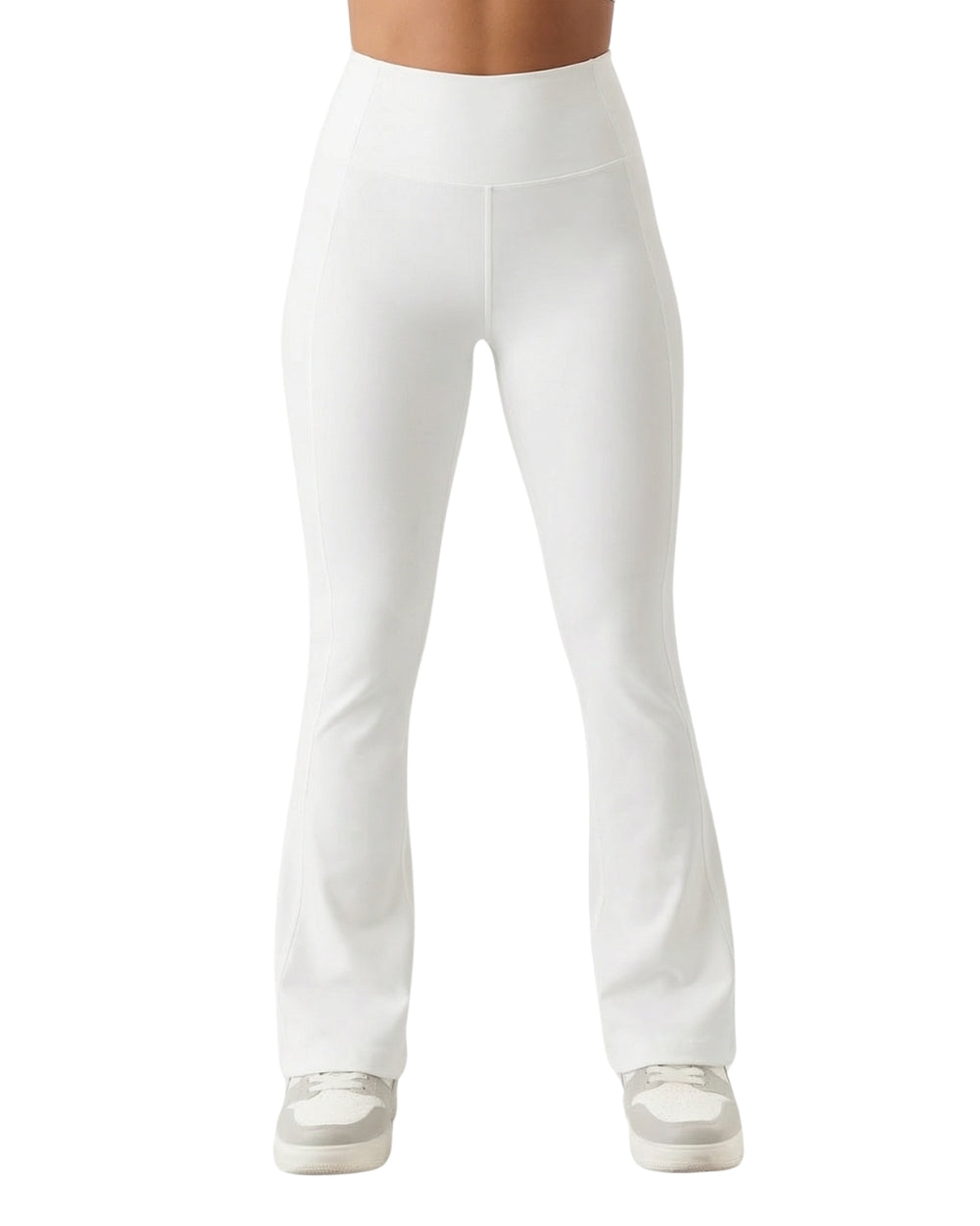 White pants worn by a person on a white background