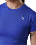 Blue t-shirt with a logo on a white background