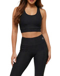 Black athletic bra and leggings set on a white background