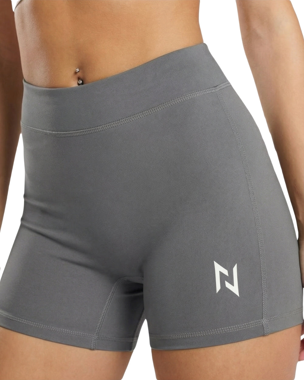 Gray athletic shorts with a logo on a white background