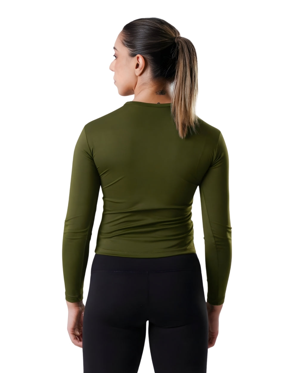 Person wearing an olive green long-sleeve athletic top and black leggings on a white background