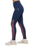Navy leggings with red and blue pattern on a white background