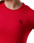 Red athletic shirt with a black logo on a white background
