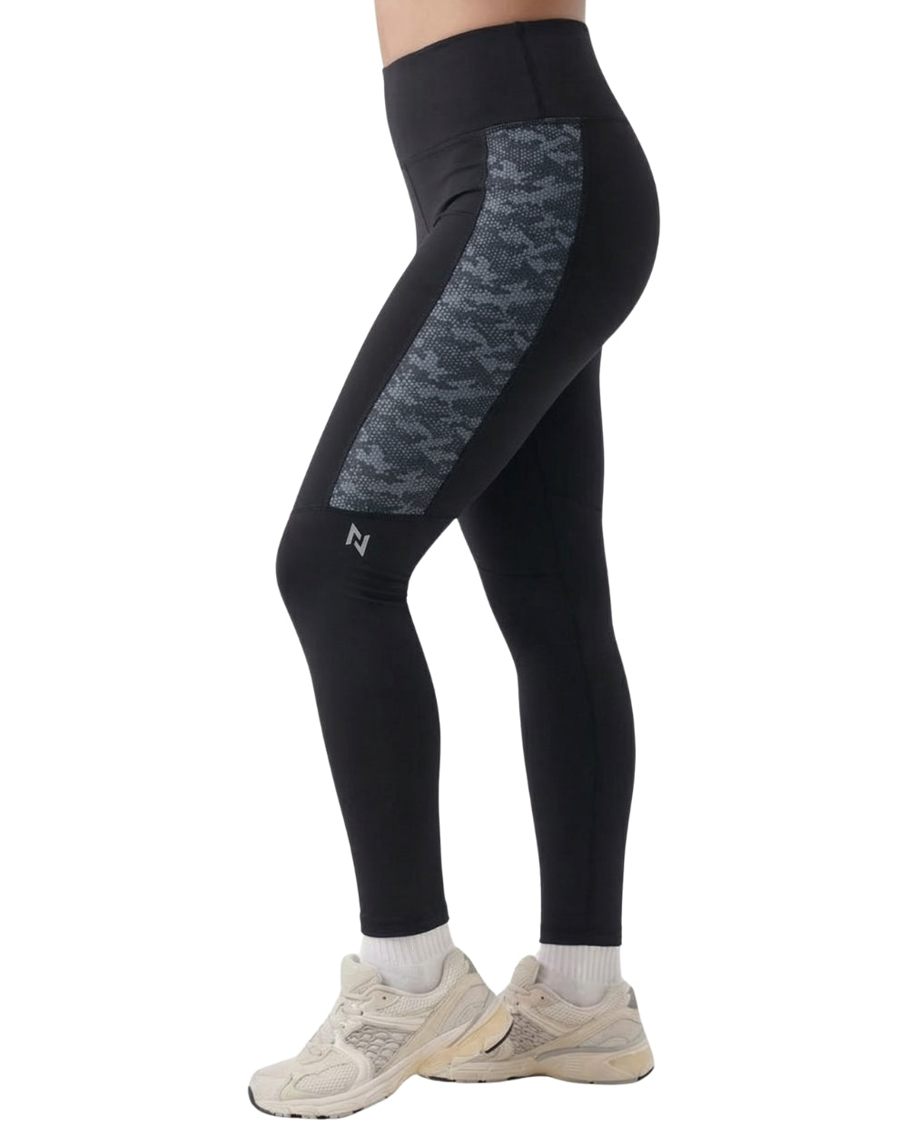 Black leggings with camouflage pattern on a white background