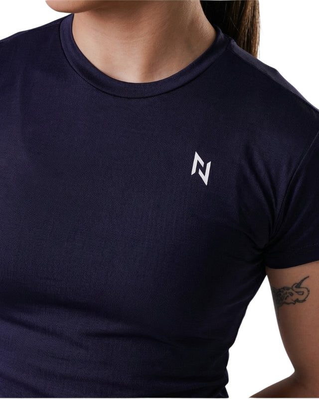 Navy blue t-shirt with a white logo on a neutral background