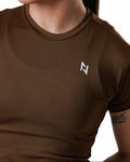 Brown t-shirt with a logo on a white background