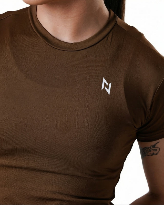 Brown t-shirt with a logo on a white background