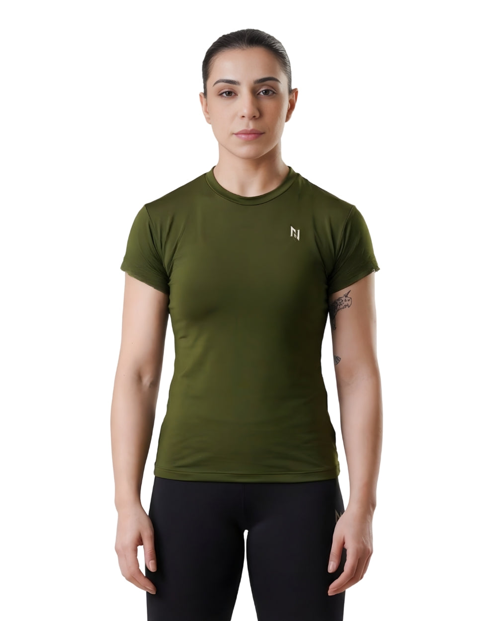 Person wearing a green athletic shirt with a logo on a white background