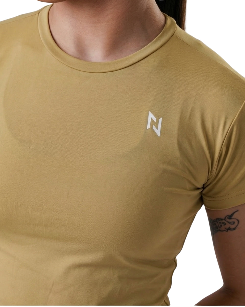 Beige t-shirt with a logo on a white background