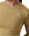 Beige t-shirt with a logo on a white background