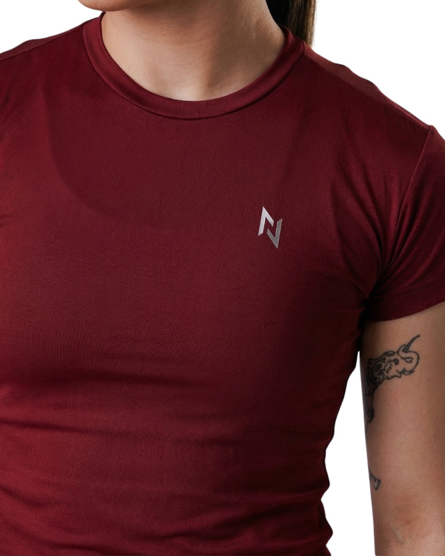 Maroon t-shirt with a logo on a white background