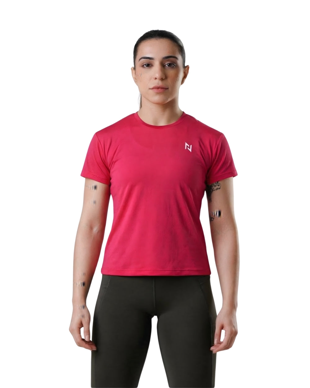 Person wearing a red athletic shirt with a logo on a white background