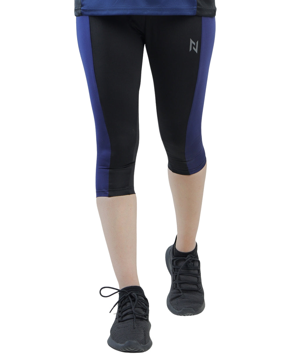 Black and blue athletic leggings with a logo on a white background