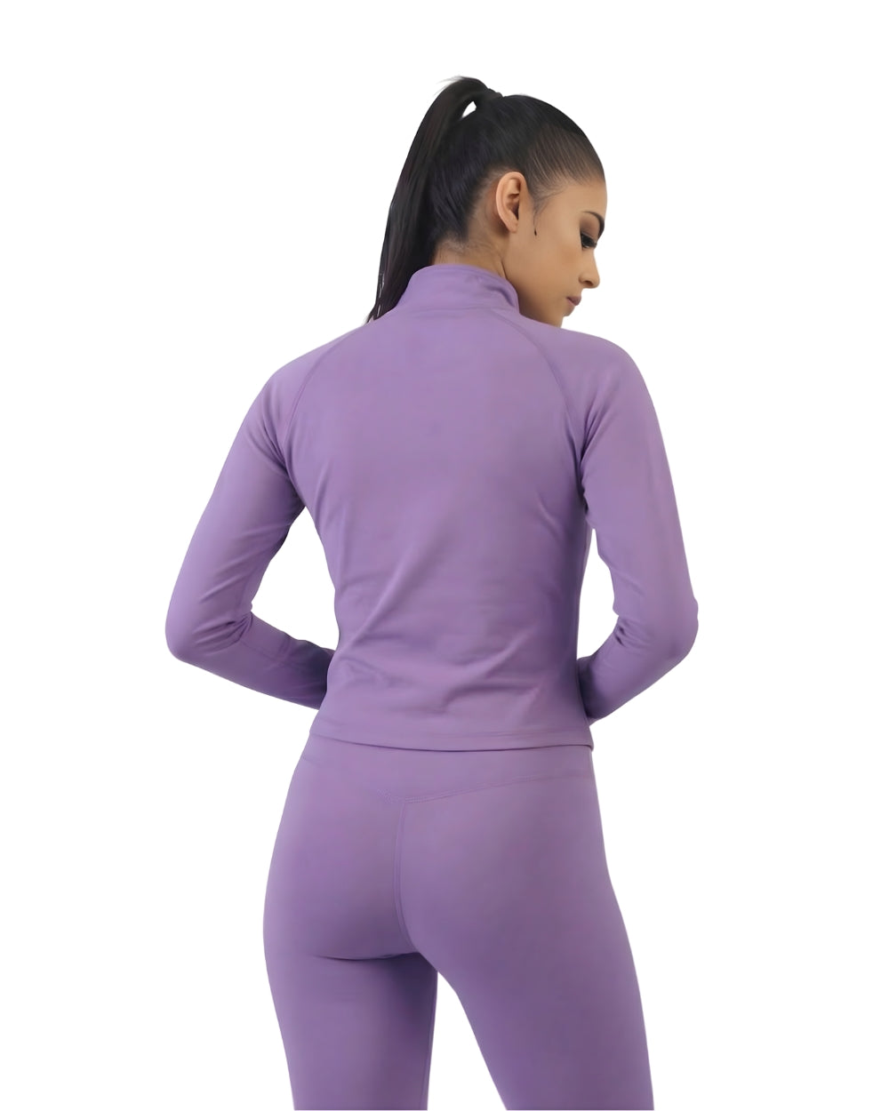 Person wearing a purple athletic outfit on a white background
