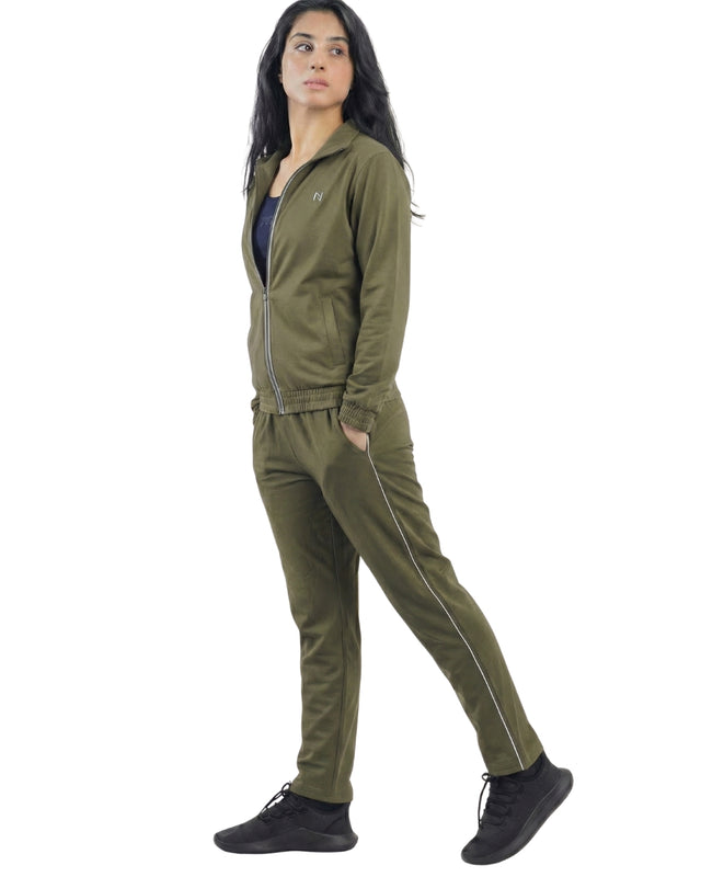 WOMEN PIPING RELAXED MICRO STRETCH TROUSERS OLIVE